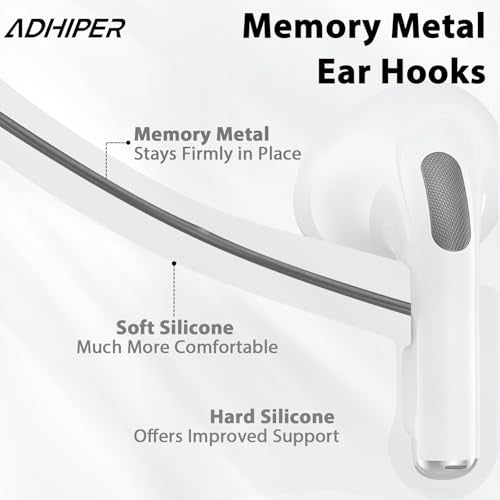 Adhiper Ear Hooks for Airpods 4, 3, 2, 1 & Airpods Pro 2, 1 Gen - White | Memory Wire Ear Hooks [Added Anti-Lost Lanyard & 3-in-1 Cleaning Kit], Anti-Slip Sports Accessories for Airpods Series