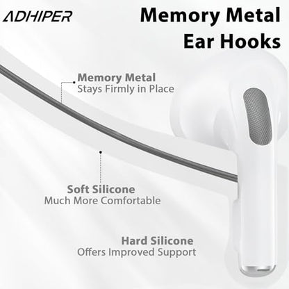 Adhiper Ear Hooks for Airpods 4, 3, 2, 1 & Airpods Pro 2, 1 Gen - White | Memory Wire Ear Hooks [Added Anti-Lost Lanyard & 3-in-1 Cleaning Kit], Anti-Slip Sports Accessories for Airpods Series