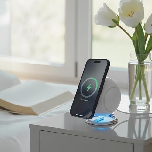 3 in 1 Magnetic Wireless Charging Station for iPhone 17 16 15 14 13 12 Series, 15W MagSafe Compatible Charger Stand, Wireless Charging Dock for Apple Watch and AirPods, Foldable Charger with LED Light