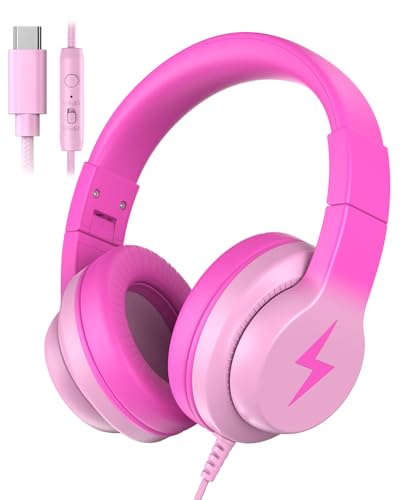 Candy Bila USB C Kids Headphones with Mic, Wired Over-Ear for Boys Girls | 85/94dB Safe Volume, HD Mic Stereo Sound, Foldable Design for School Travel,Compatible USB-C iPads,Tablets, Gradient Pink - color: Gradient Pink