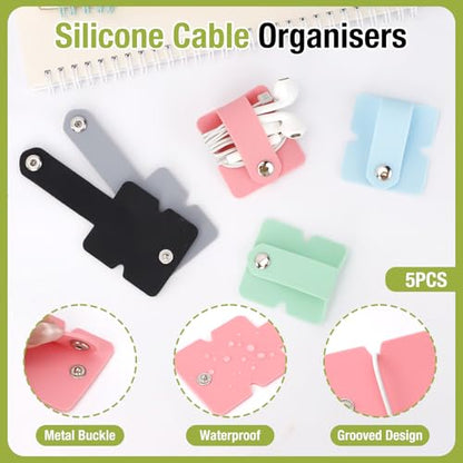 5 PCS Cord Organizer Earbuds Holder, Small Silicone Cable Organizer Winder Manager for Earphone Phone Charger, Reusable Cable Straps Wire Keeper Home Office Kitchen School