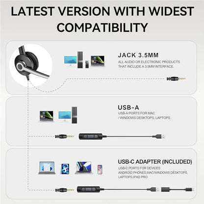 Voistek USB Headset with Mic,PC Headphones with Noise Cancelling Microphone | 3.5mm Plug,Detachable USB-A Cable & USB-C Adapter,In-Line Volume Control,Mute Button for Teams Zoom,Home Office - color: Raven Black