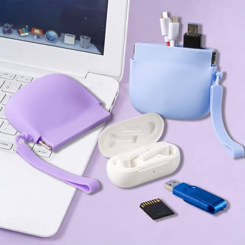 2-Pack Silicone Earbud & Cable Organizer Case with 2 Cord Winders, Pop-Open Storage Box for Headphones, Charging Cords, Small Accessories, Coin Purse – Blue & Purple