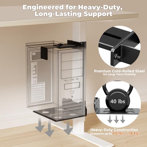 Under Desk PC Mount & CPU Holder, No-Drill Clamp-On Stand for Standing Desk (Fits 75x45mm Square Legs), Adjustable Steel Computer Tower Holder, Heavy-Duty 40lbs/18kg, Black - size: 75X45mm