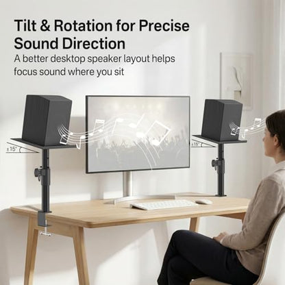 Clamp-On Desktop Speaker Stand Pair, Heavy-Duty 9.3" x 8.9 Plate for Edifier, KRK, Klipsch, Yamaha, Samsung HW-Q Series, Height&Angle Adjustable Bookshelf Speaker Stands, Built-in Cable Management