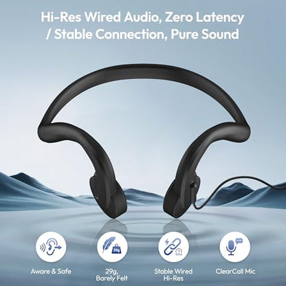 E&P Wired Bone Conduction Headphones with Microphone | 3.5mm AUX Wired, Open-Ear Earbuds, 7ft Extension Cable, Hands Free, Volume Control, Sweatproof