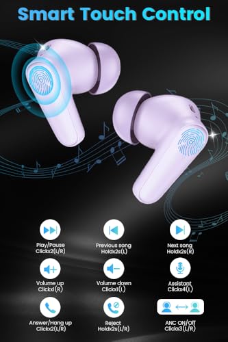 Piluyaa Wireless Earbuds Bluetooth Headphones ANC+ENC Ear Buds with Mic | LED Digital Display Charging Case, IPX7 Waterproof, HIFI Deep Bass Stereo, in-Ear Earphone for iPhone Andriod -Purple - color: Purple
