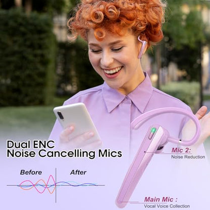 Bluetooth Headset V5.3, Wireless Headset with ENC Noise Canceling Mic | 120Hrs Talk Single-Ear Bluetooth Earpiece, LED Display, IP7 Waterproof Hand-Free Earphone for Business/Trucker, Purple - color: Purple