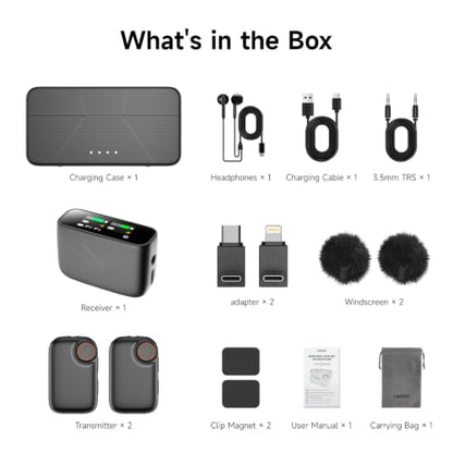S20 Pro Wireless Lavalier Mic, AI Noise Canceling for Vlog YouTube | 2TX Dual Mic for iPhone Android Camera PC, 250m Range, 18H Battery, Touchscreen, Magnetic Clip, Bluetooth Accompaniment