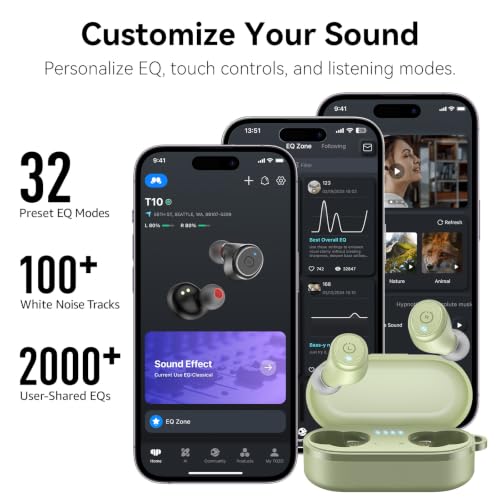 TOZO T10 Wireless Earbuds Powerful Bass Stereo Wireless Charging, APP, IPX8 | Waterproof, 55H Playtime, Ergonomic Design In Ear buds, App Customize EQ, Bluetooth 5.3 Headphones for Work, Travel, Green - color: Light Green