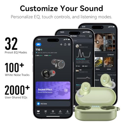TOZO T10 Wireless Earbuds Powerful Bass Stereo Wireless Charging, APP, IPX8 | Waterproof, 55H Playtime, Ergonomic Design In Ear buds, App Customize EQ, Bluetooth 5.3 Headphones for Work, Travel, Green - color: Light Green