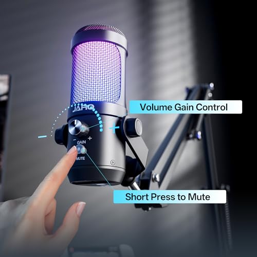 JARO USB Podcast Microphone with Boom Arm, Studio Condenser Mic with Real-Time Monitoring, Mute, Volume Control Ideal for Voice & Singing (Black) - color: Black