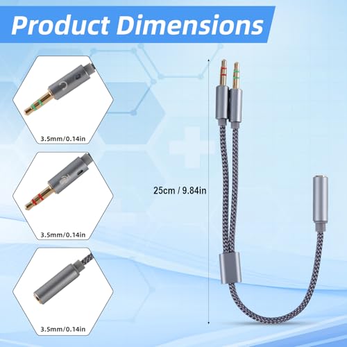 2pcs 2-in-1 Headphone & Microphone Splitter Cable, 3.5mm/0.14in Female to Dual 3.5mm/0.14in Male Audio Adapter Y-Splitter for Gaming Headset PC Laptop Computer Speaker (Gray)