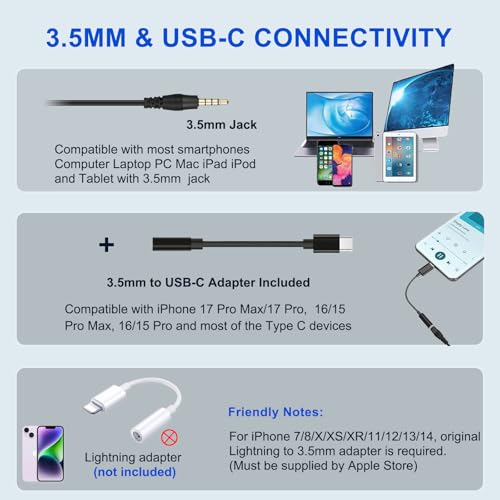 Callez Computer Headset, 3.5mm Cell Phone Headset with Mic Noise Cancelling | USB-C Wired Headphone for PC Laptop Mac iPhone 15/16/17 Samsung, Zoom Teams Call Center Home Office Work, in-line Controls - color: Black