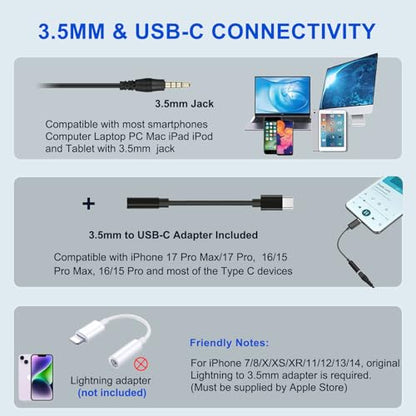 Callez Computer Headset, 3.5mm Cell Phone Headset with Mic Noise Cancelling | USB-C Wired Headphone for PC Laptop Mac iPhone 15/16/17 Samsung, Zoom Teams Call Center Home Office Work, in-line Controls - color: Black
