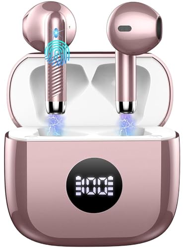 Wireless Earbuds, Bluetooth 5.4 Ear Buds, LED Power Display, 6D Bass Stereo | 4 ENC Noise Cancelling Mic, HiFi Stereo, In-Ear Headphones, 40H Playback Mini Case, IP7 Waterproof Sports, for Android iOS - color: Rose Gold
