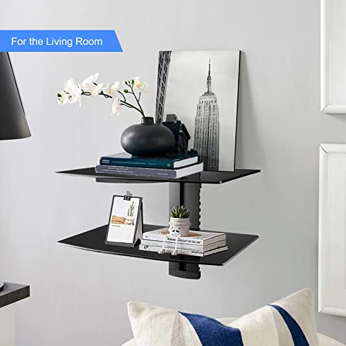 Suptek Glass Floating Shelves, TV Wall Mount with Shelf for DVD Player / PS4 / Cable Boxes/Game Consoles/Sky Box/TV Accessories, Flat Black 2-Tier Wall Mount Bracket - color: Black 2 Tier