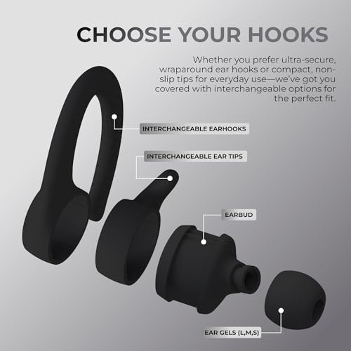 True Wireless Bluetooth Earbuds, Sweatproof Ear Hooks, 14HR Playtime, Black | Multi-Sized Ear Gels for Small, Medium & Large Ears, Voice & Touch Controls, Take Calls, Skip Tracks, Water-Resistant Design - color: Black