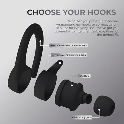 True Wireless Bluetooth Earbuds, Sweatproof Ear Hooks, 14HR Playtime, Black | Multi-Sized Ear Gels for Small, Medium & Large Ears, Voice & Touch Controls, Take Calls, Skip Tracks, Water-Resistant Design - color: Black