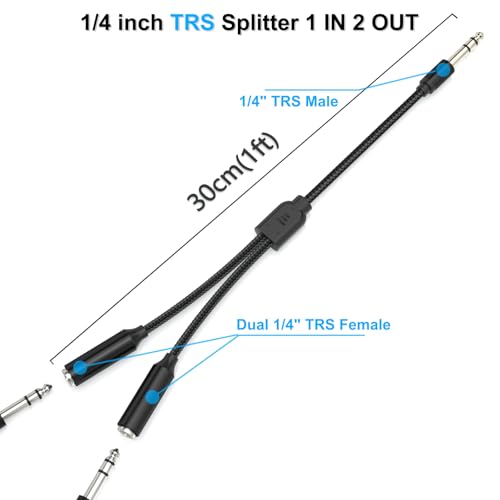 1/4" TRS Splitter Y Cable 1FT,6.35mm Stereo Male to Dual TRS Female Adapter | 1 in 2 Out Cord for Mixer,Audio Interface,Keyboard,Amplifier/Amp,Headphone,Powered Speaker/Monitor,Recorder,Synthesizer,Piano
