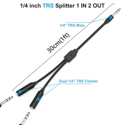 1/4" TRS Splitter Y Cable 1FT,6.35mm Stereo Male to Dual TRS Female Adapter | 1 in 2 Out Cord for Mixer,Audio Interface,Keyboard,Amplifier/Amp,Headphone,Powered Speaker/Monitor,Recorder,Synthesizer,Piano