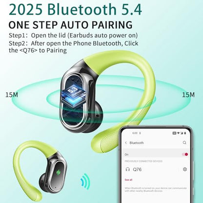 Wireless Earbuds, 2026 Bluetooth 5.4 Headphones Sport, Bluetooth Earbuds with ENC Noise Canceling Mic, 60H Stereo Wireless Headphones IP7 Waterproof with Earhooks, Dual LED Display for Workout/Running - color: Loyal Green