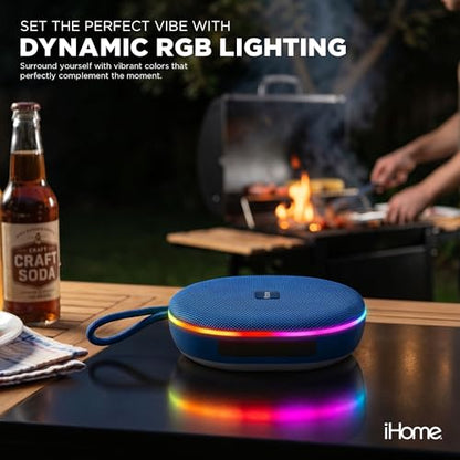 iHome Venture Wireless Portable Bluetooth Speaker with RGB Lights | Water Resistant, Built-in Carry Strap, TWS Pairing, Color-Changing LEDs, Rechargeable Battery, Cable Included, Bluetooth 5.3 - color: Blue