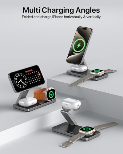 UEQ Foldable 3 in 1 Wireless Charging Station for Apple Compatible with Magsafe Charger Stand,Magnetic Wireless Charger Station for iPhone 17 Air16 15 14 13 12 Series,Airpods Pro,Apple Watch(Black) - color: Black