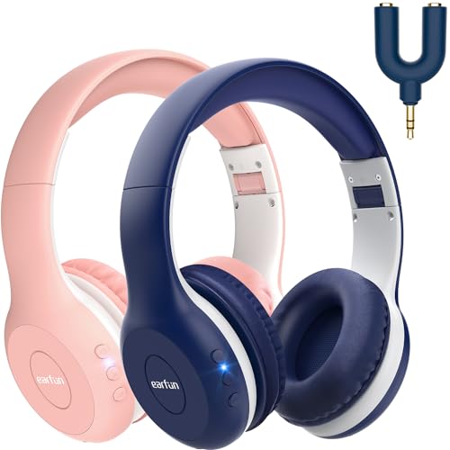 EarFun K2 Kids Bluetooth Headphones for School/Travel,Built-in Mic, 2 Packs | Volume Limited, 40H Playtime, Stereo Sound, Foldable Over-Ear Headphone for Kids/Toddler/Travel/Tablet, Blue&Pink - color: Pink&Blue