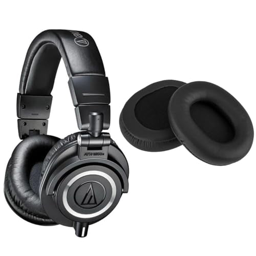 Audio-Technica ATH-M50x Professional Monitor Headphones, Black - with H&A High Frequency Leather Earpads for AT -M50
