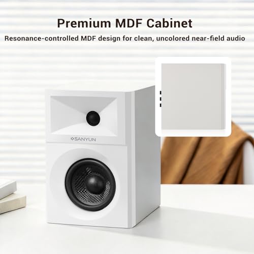 Sanyun SW203 3" 2.0 Computer Speakers, Expanded Stereo Field, Triple-DSP | Built-in 24bit DAC, USB-C/Bluetooth 5.4/AUX, 60W Carbon Fiber Woofer & Silk Dome Tweeter, for Desktop PC Gaming (Pair, White) - color: White