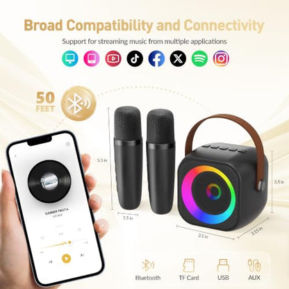 Mini Karaoke Machine, Portable Bluetooth Karaoke Speaker with 2 Wireless Microphones and Party Lights for Kids and Adults, Birthday Gifts for Girls Boys Family Home Party - color: Black