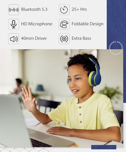 rockpapa E7 Over Ear Wireless Bluetooth Headphones with Mic Include Travel Case, Foldable Wired/Wireless Headphones with Microphone for Kids Childrens Boys Girls Teen Youth Adult Blue Green - color: Blue Green, style: with Case