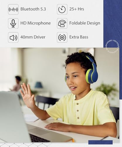 rockpapa E7 Over Ear Wireless Bluetooth Headphones with Mic Include Travel Case, Foldable Wired/Wireless Headphones with Microphone for Kids Childrens Boys Girls Teen Youth Adult Blue Green - color: Blue Green, style: with Case