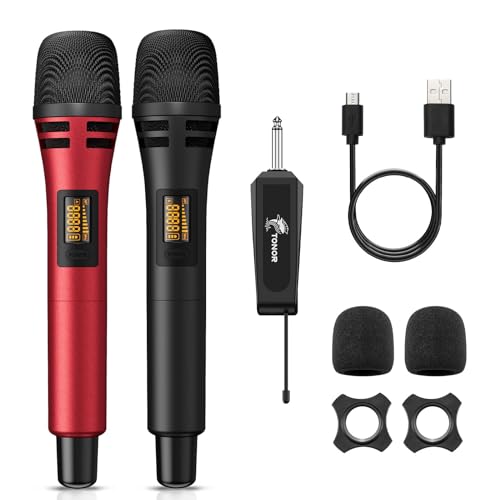 TONOR Wireless Microphones, Dual UHF Karaoke Microphone System, Microfonos Inalambricos with Rechargeable Receiver, Cordless Dynamic Mics Set for Singing, Wedding, Party, 200ft TW320, 2 Mics Black&Red - style: Dual Mic Black Red