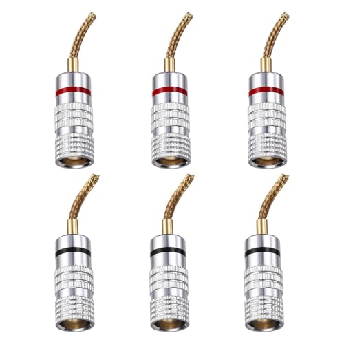 MECCANIXITY 6 Pcs Flex Pin Banana Plugs, 8.5mm (5/16") Banana Plug Jack Socket, 2mm Gold Plated Banana Plugs for Spring Loaded Terminals, Speaker Wire, Glossy