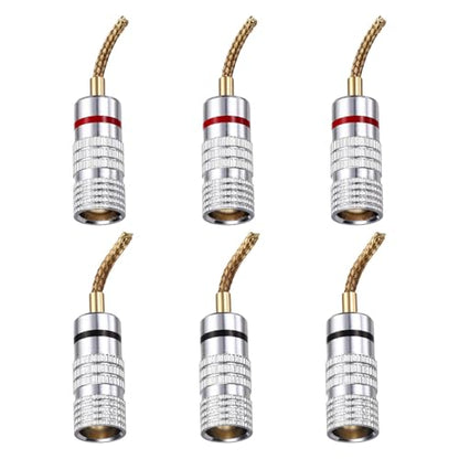 MECCANIXITY 6 Pcs Flex Pin Banana Plugs, 8.5mm (5/16") Banana Plug Jack Socket, 2mm Gold Plated Banana Plugs for Spring Loaded Terminals, Speaker Wire, Glossy