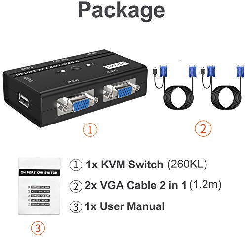 MT-VIKI VGA KVM Switch, 2 Port USB VGA KVM Switch for 2 Computers Share 1 Monitor Keyboard Mouse Printer, + 2 KVM Cables
