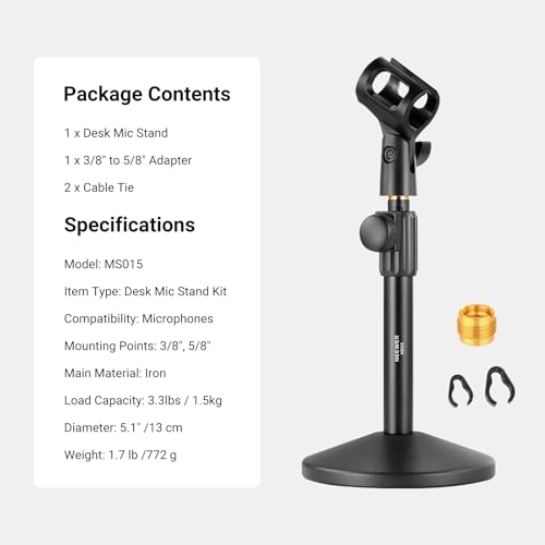 NEEWER Desk Microphone Stand, Adjustable Table Top Mic Holder Mount with Clip and 3/8" to 5/8" Adapter Compatible with Blue Yeti Snowball HyperX QuadCast SoloCast Shure, Max Load 3.3 lbs, MS015 - style: MS015