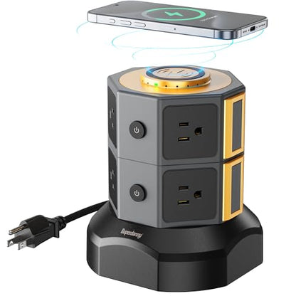 SUPERDANNY Power Strip Tower with 15W Wireless Charger, 6.5Ft Retractable Extension Cord, 1050J Surge Protector, Desktop Charging Station with 8 Outlets 4 USB Ports(2 USB C) for Home, Office, Garage | 8-Outlet Surge Protector Tower, Desk Charging Station