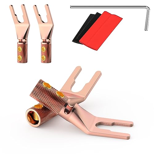 4PCS Spade Connector,45 Degree Pure Copper Audio Fork Y Spade Plug DIY with Heat Shrink Tubing and Hex Wrench,Dual Screw Locking Speaker Cable Plug for Speaker Cables (Knurled) - color: Pure Copper Knurled Style