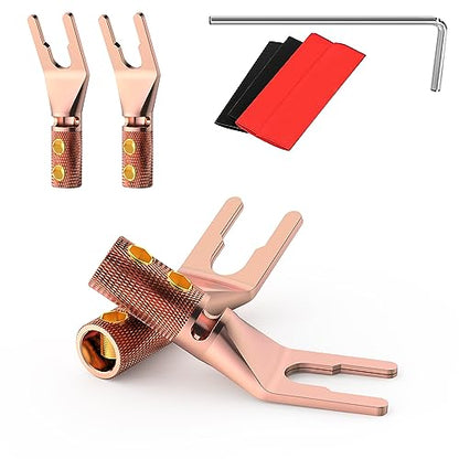 4PCS Spade Connector,45 Degree Pure Copper Audio Fork Y Spade Plug DIY with Heat Shrink Tubing and Hex Wrench,Dual Screw Locking Speaker Cable Plug for Speaker Cables (Knurled) - color: Pure Copper Knurled Style