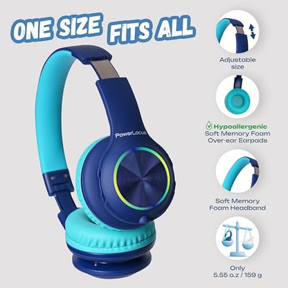 PowerLocus PLED Kids Bluetooth Headphones, Kids Wireless Headphones with LED Lights, 74/85/94dB Safe Volume, Micro SD, AUX Cable, Hi-Fi Stereo, Built-in Mic Over Ear Kid Headphone for Travel/Tablet/PC - color: Blue
