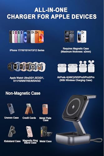 Wireless Charging Station for Apple Devices,Magnetic Travel Charger | Folding 3-in-1 Charger Stand Compatible with MagSafe for iPhone 17 16 15 14 13 12 Series,Airpods&Apple Watch,No Adapter