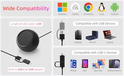 [Single] Computer Speaker for Desktop PC, USB-Powered, Plug-n-Play, Wired, External Speaker for Laptop, with Crystal-Clear Sound, Loud Volume, Rich Bass, Built-in USB-C Adapter for Full Compatibility