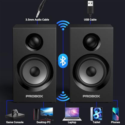 Powered Bookshelf Speakers HiFi Computer Gaming Monitors with Bluetooth 5.3 & 24-Bit USB DAC Stereo Speaker PC Speakers 3.5" Woofer,1" Silk Dome Tweeter, Adjustable Bass/Treble BT16-Black - color: Black