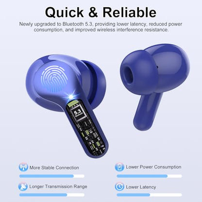 Wireless Earbuds, Bluetooth 5.4 Headphones HiFi Stereo, Bluetooth Earbuds | With ENC Noise Cancelling Mic, IP7 Waterproof in Ear Earphones, 48H, LED Display Ear Buds for Pad Phones Workout Sports, Blue - color: Blue