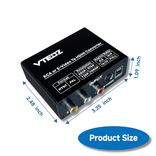 RCA/S-Video to HDMI Converter, Composite AV/Svideo to HDMI Adapter | 4:3/16:9/16:10/Full-Screen Modes, 480P/576P/720P/1080P Output, VCR/VHS/DVD/PS1/PS2/N64/Wii/GameCube/NES Classic Compatible