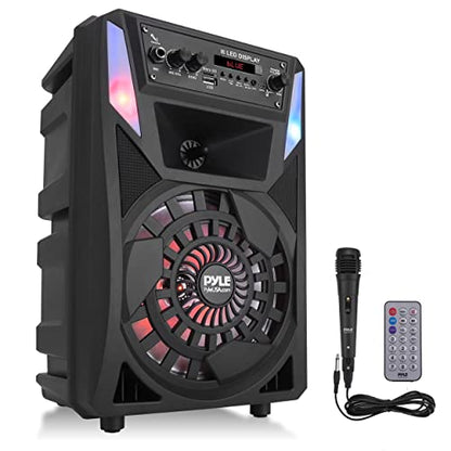 Pyle Portable Bluetooth PA Speaker - 300 W 8” Rechargeable Outdoor BT Karaoke Audio System - Multi-Color Party Lights, LED Display, FM/AUX/MP3/USB/SD, 6.5mm in - Wired Microphone, Remote Control - style: 300 watts