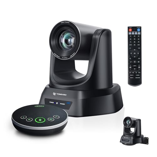 TONGVEO 4K AI Auto Tracking PTZ Conference Camera System with Bluetooth Speakerphone & Microphone, 20X Optical Zoom, USB3.0 HDMI LAN PoE Power Camera for Church Worship, Meetings, Streaming - color: Onyx